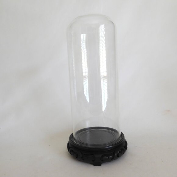 NEW 13” DECORATIVE GLASS CLOCHE DISPLAY DOME COVER HAND CARVED BLACK WOOD BASE - Picture 1 of 9